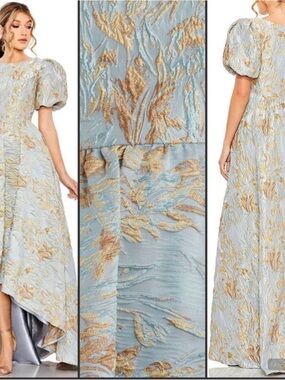 Mac Duggal Sky Blue and Gold Brocade Puff-Sleeve Midi Gown